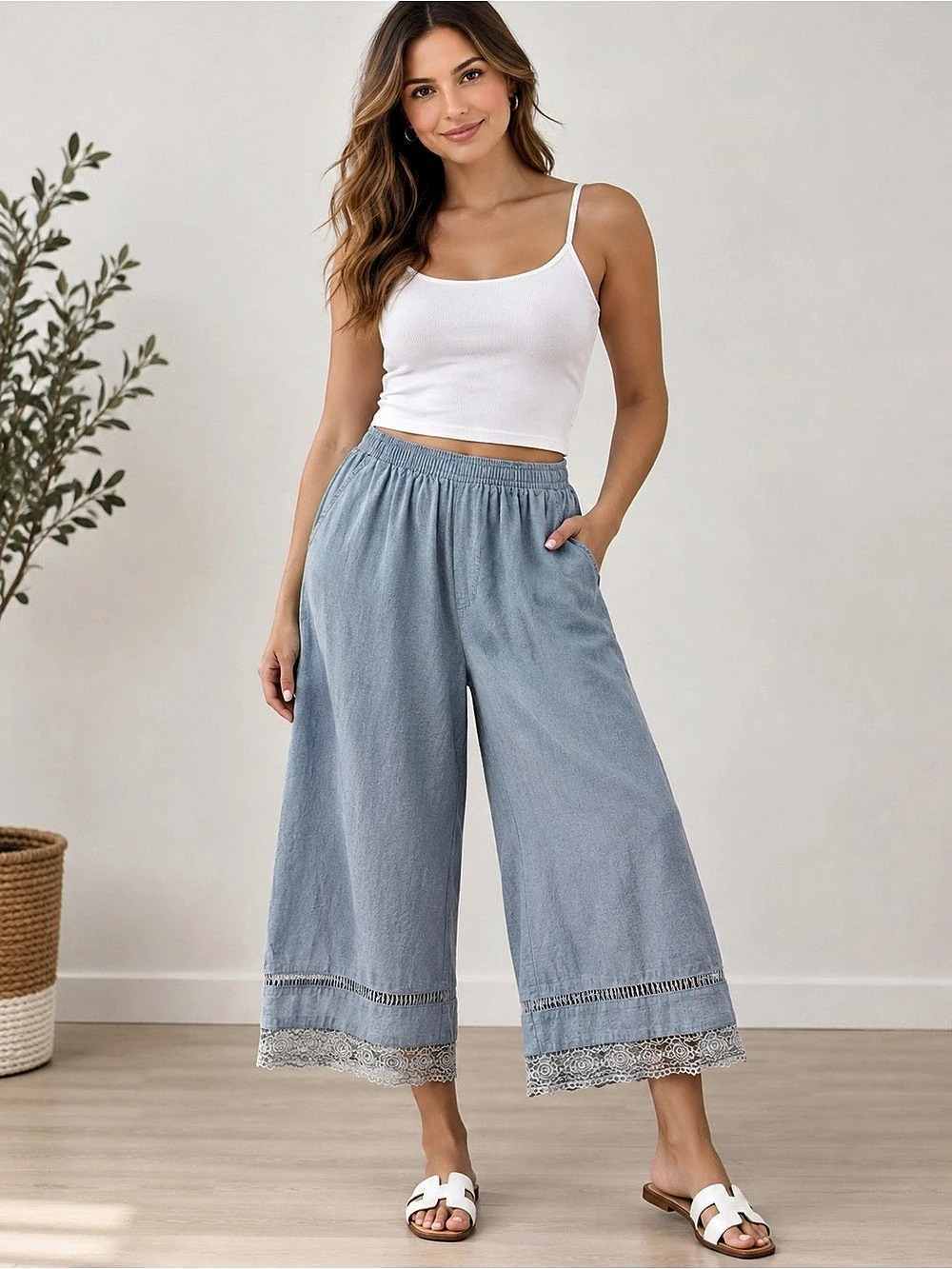 Bobbie Brooks Blue Wide Leg Lace Trim Elastic Waistband Cropped Pants L